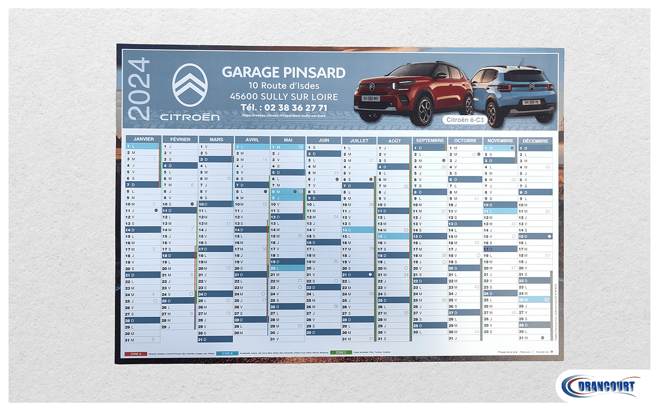 Calendrier cartonné garage Pinsard