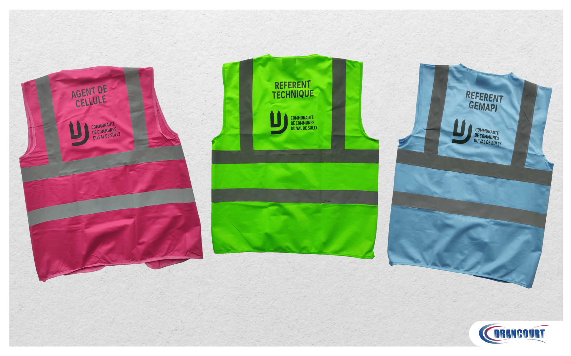 Gilets de sécurité fluo (rose,vert et bleu) avec flocage Communauté de Communes du Val de Sully